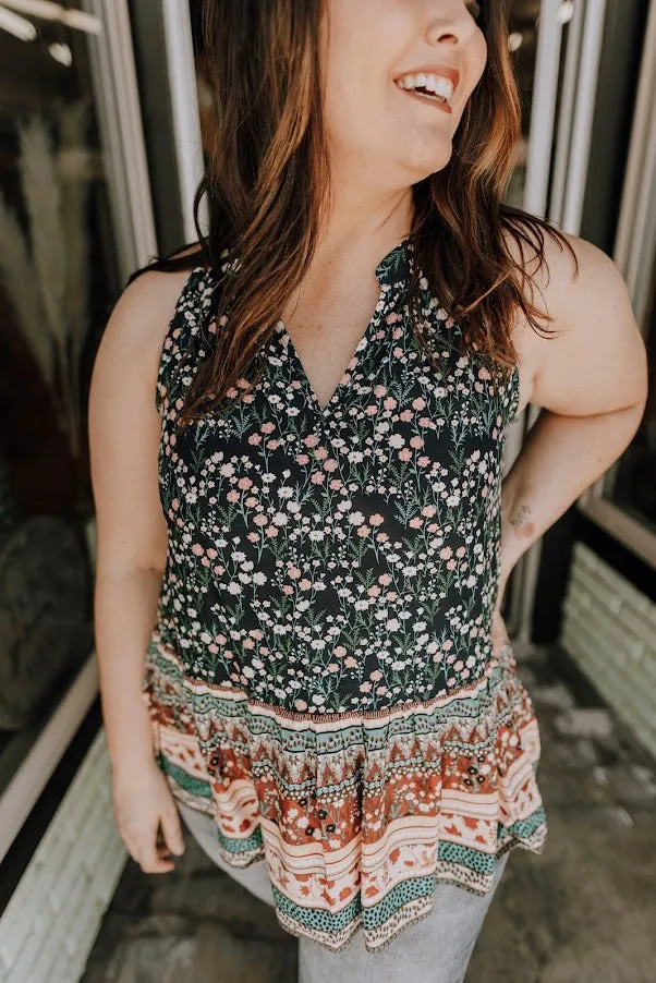 Navy Mixed Print Floral Tank