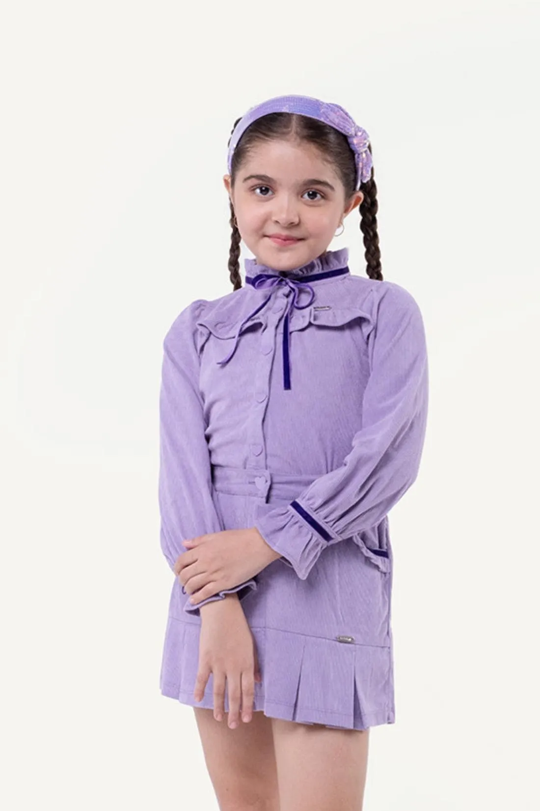 One Friday Varsity Chic Lilac Corduroy Top with Ribbons for Girls