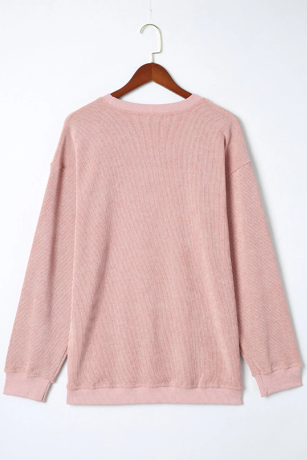 Pink Solid Ribbed Knit Round Neck Pullover Sweatshirt