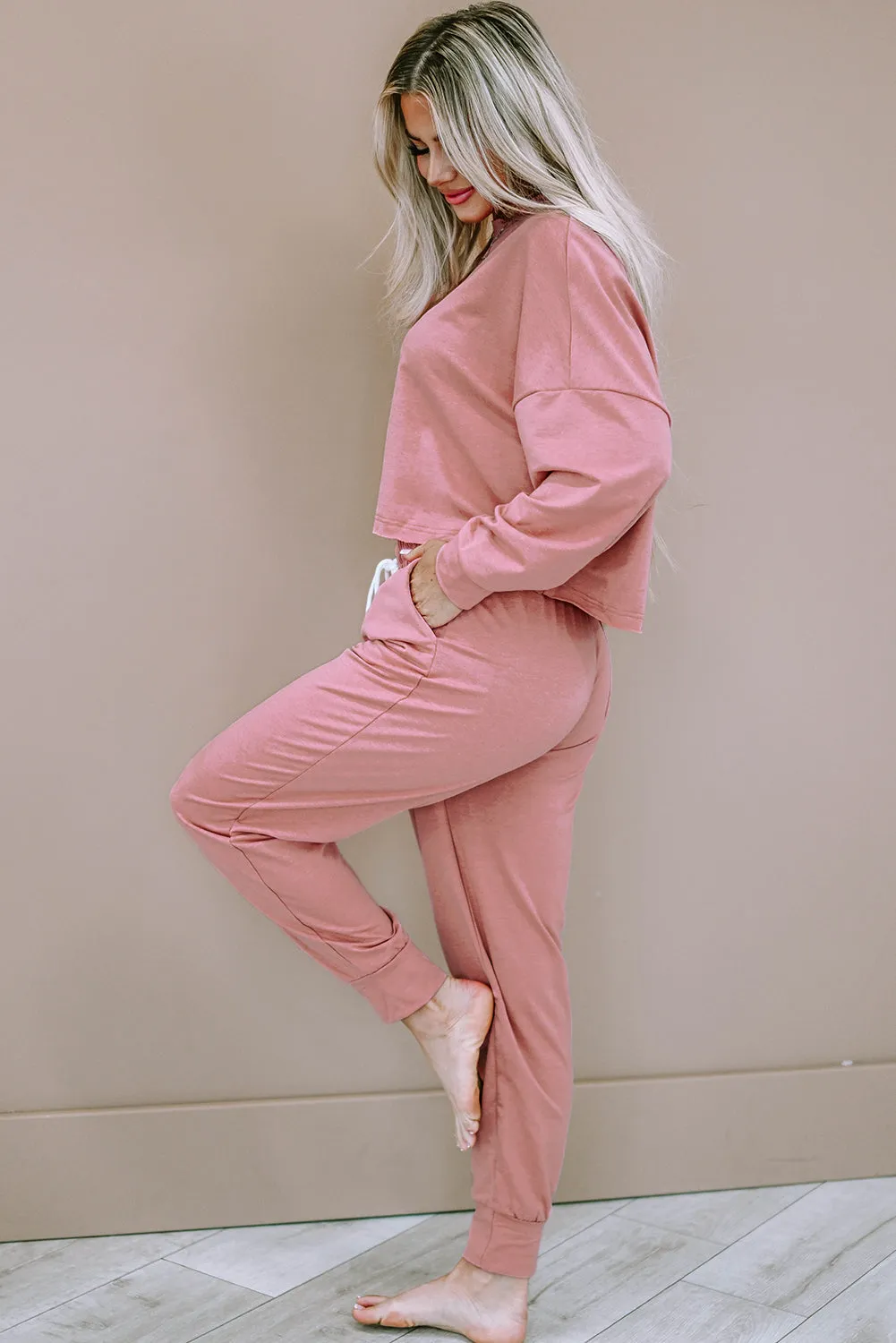 Pink Solid Sport Boxy Fit Pullover & Pants Outfit