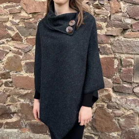 Plain Button Accent Poncho - Black