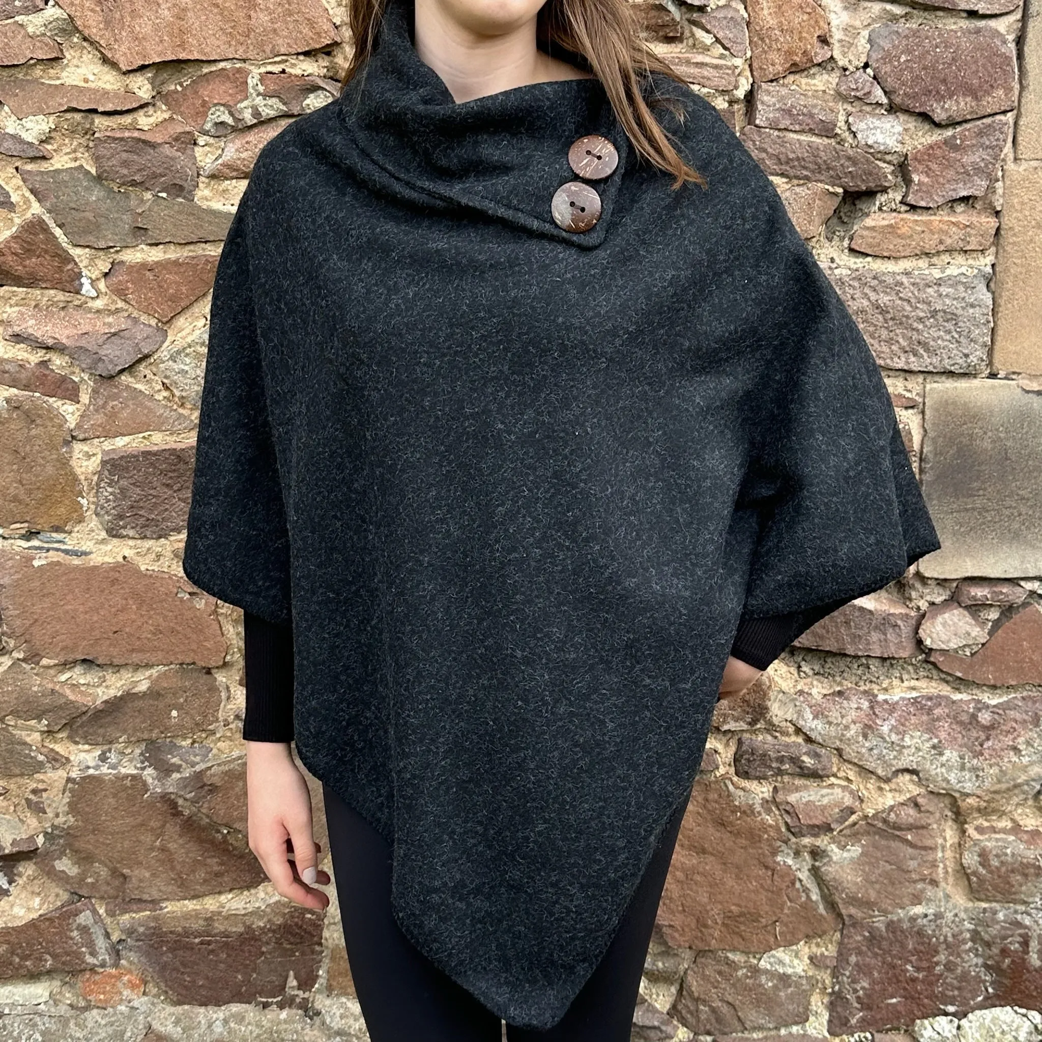 Plain Button Accent Poncho - Black