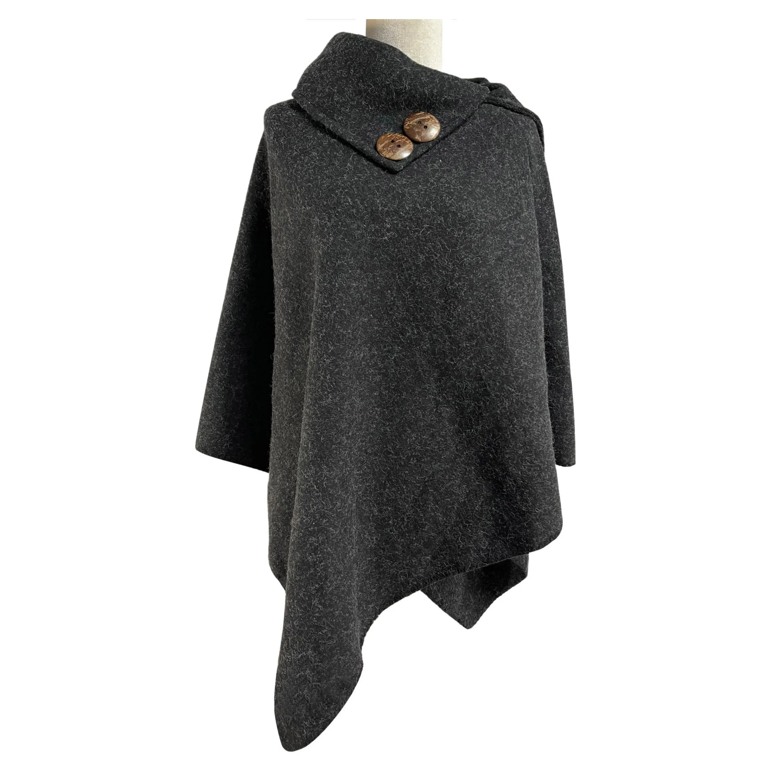 Plain Button Accent Poncho - Black