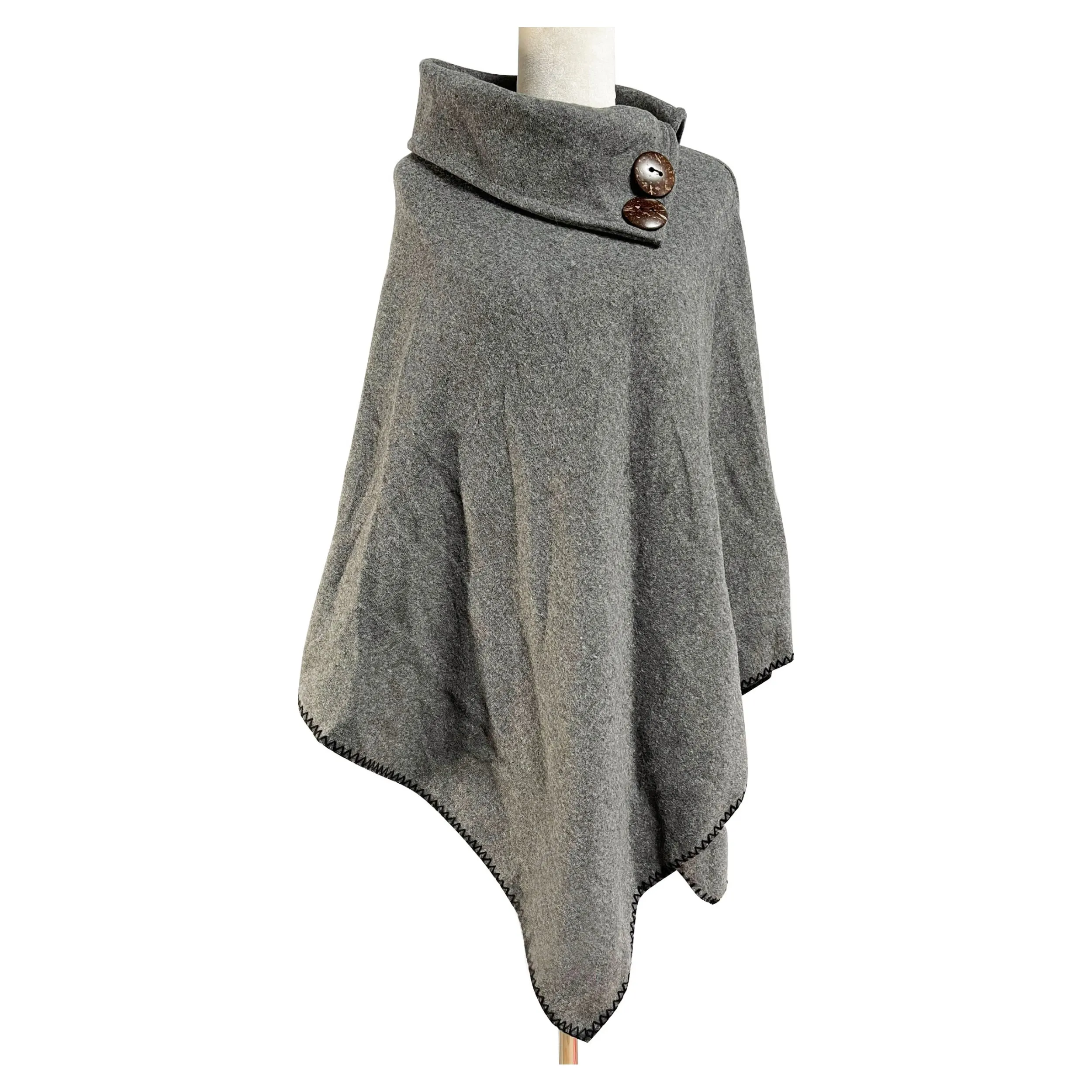 Plain Button Accent Poncho - Grey