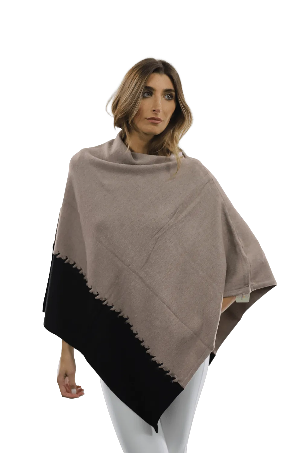 Poncho with Two Tone Detail - Black/Oatmeal