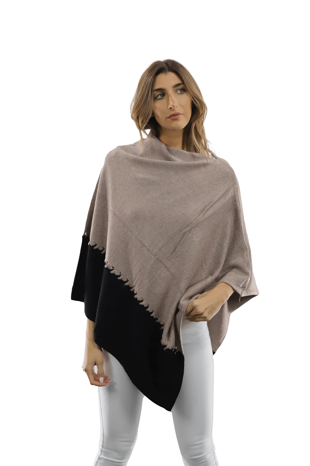 Poncho with Two Tone Detail - Black/Oatmeal