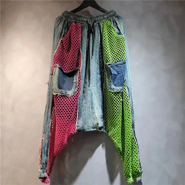 Pre Order:  Patchwork Contrast Color Burrs Denim Pockets Top   Elastic Waist Pants