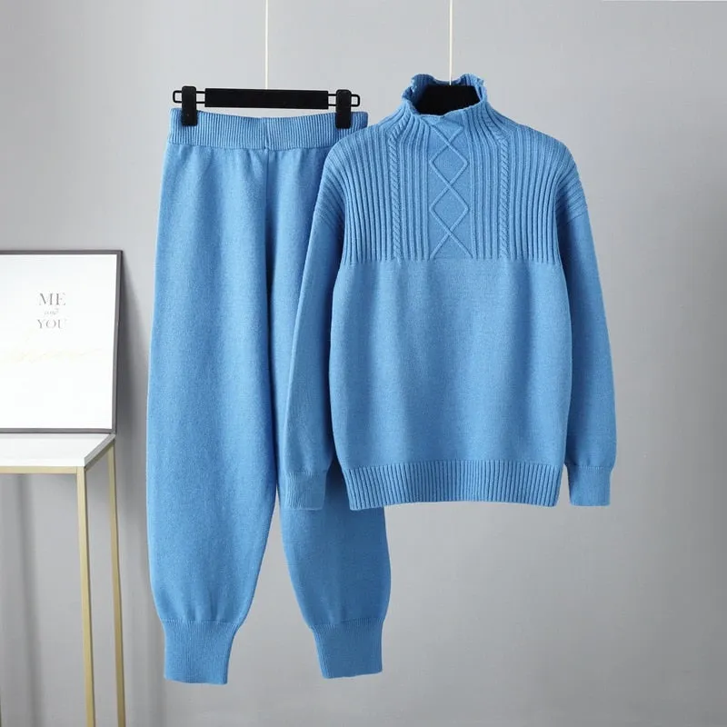 Pre Order:  Solid Long Sleeve Knit Sweater   Loose Pants Set