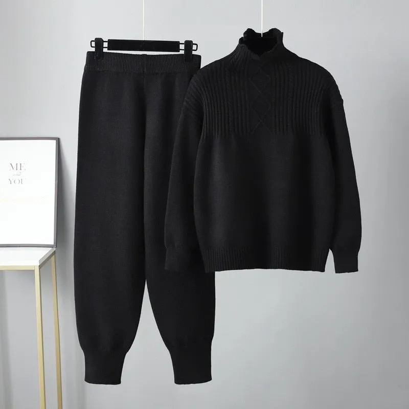 Pre Order:  Solid Long Sleeve Knit Sweater   Loose Pants Set