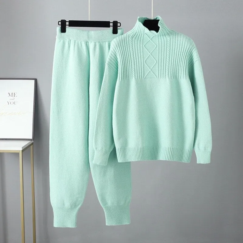 Pre Order:  Solid Long Sleeve Knit Sweater   Loose Pants Set