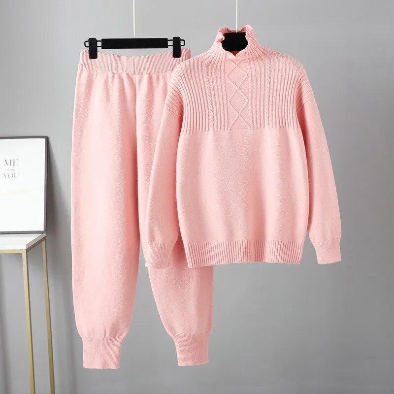 Pre Order:  Solid Long Sleeve Knit Sweater   Loose Pants Set