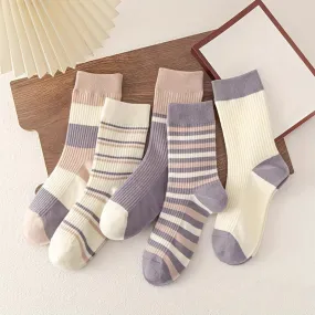 Purple Stripe Crew Socks Set Comfortable  Breathable  Girls Stockings