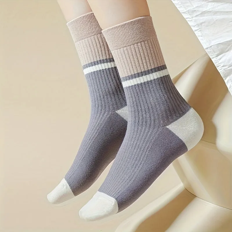 Purple Stripe Crew Socks Set Comfortable  Breathable  Girls Stockings