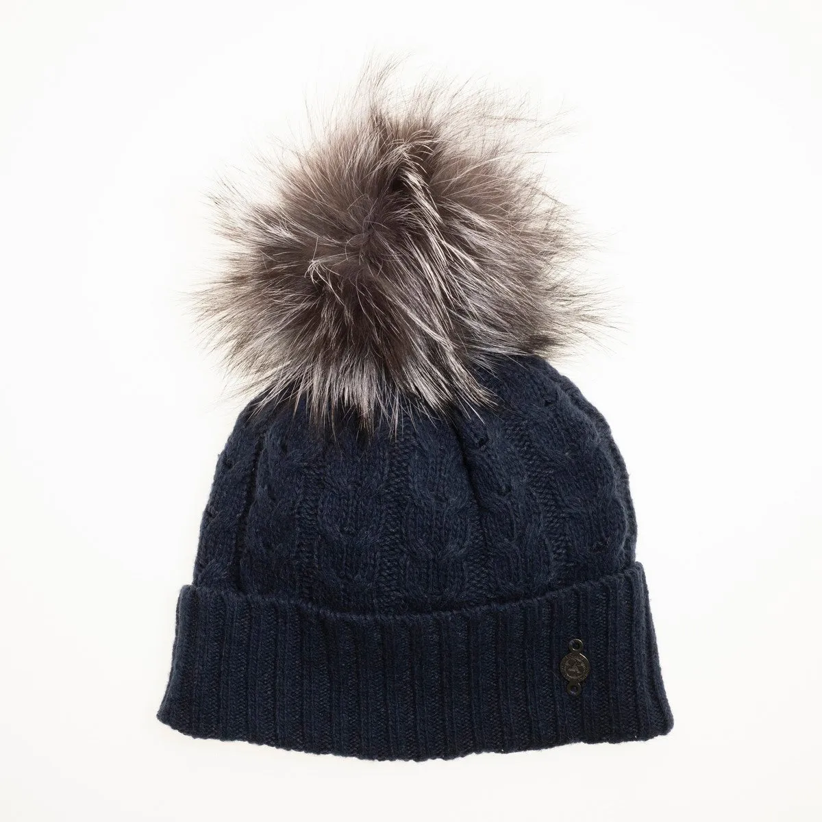 RECYCLED CASHMERE CABLE BEANIE WITH UPCYCLED FUR POM