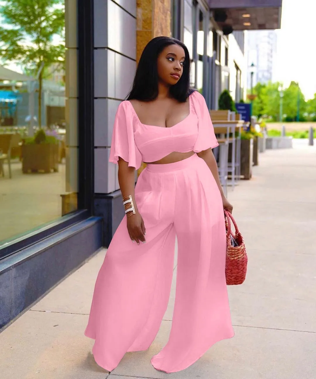 Ruffle Flare Sleeve Crop Top and Wide Leg Pants