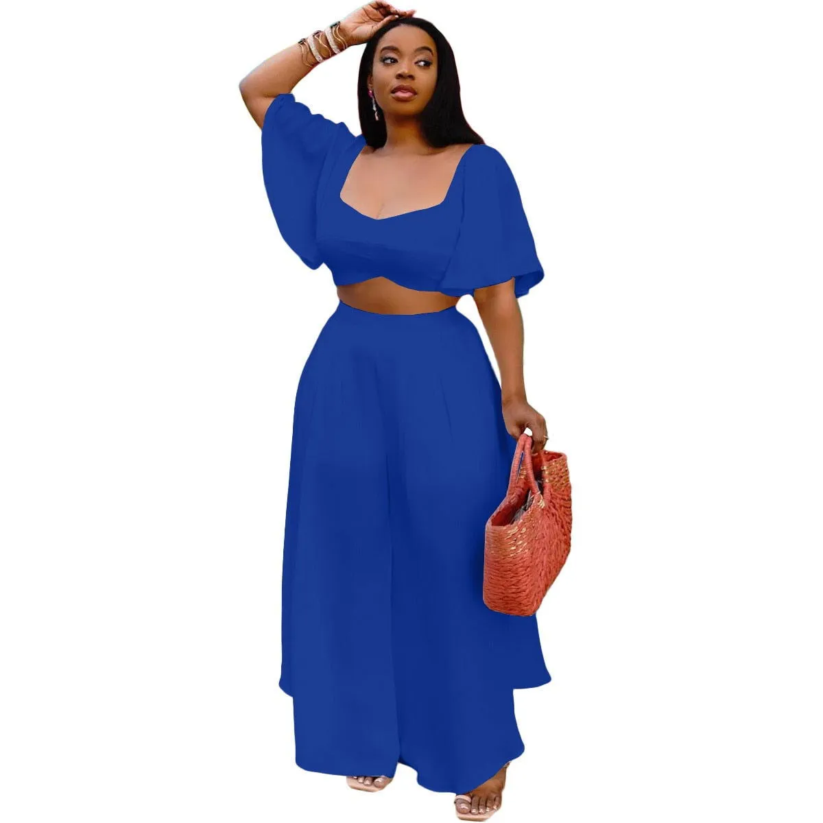 Ruffle Flare Sleeve Crop Top and Wide Leg Pants