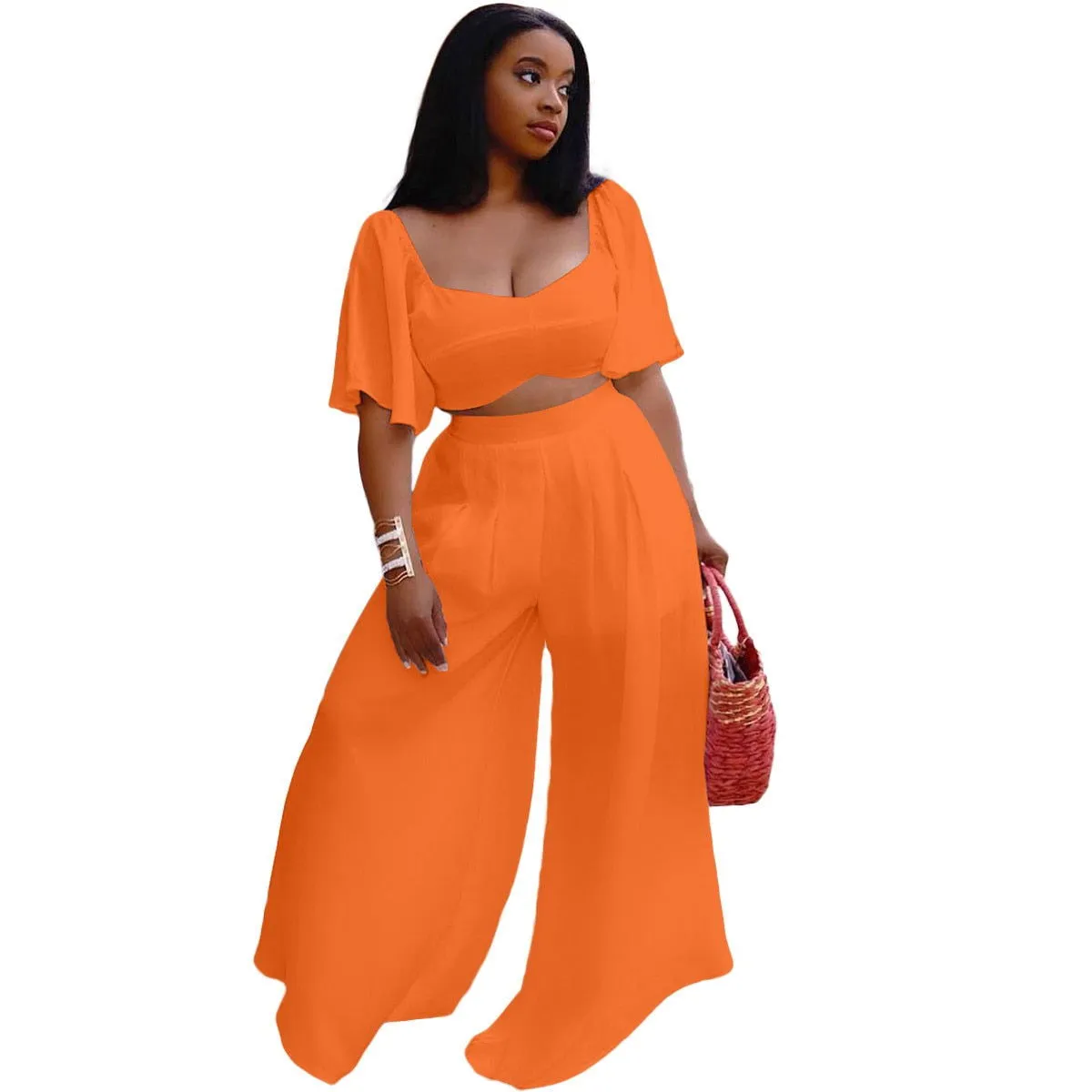 Ruffle Flare Sleeve Crop Top and Wide Leg Pants