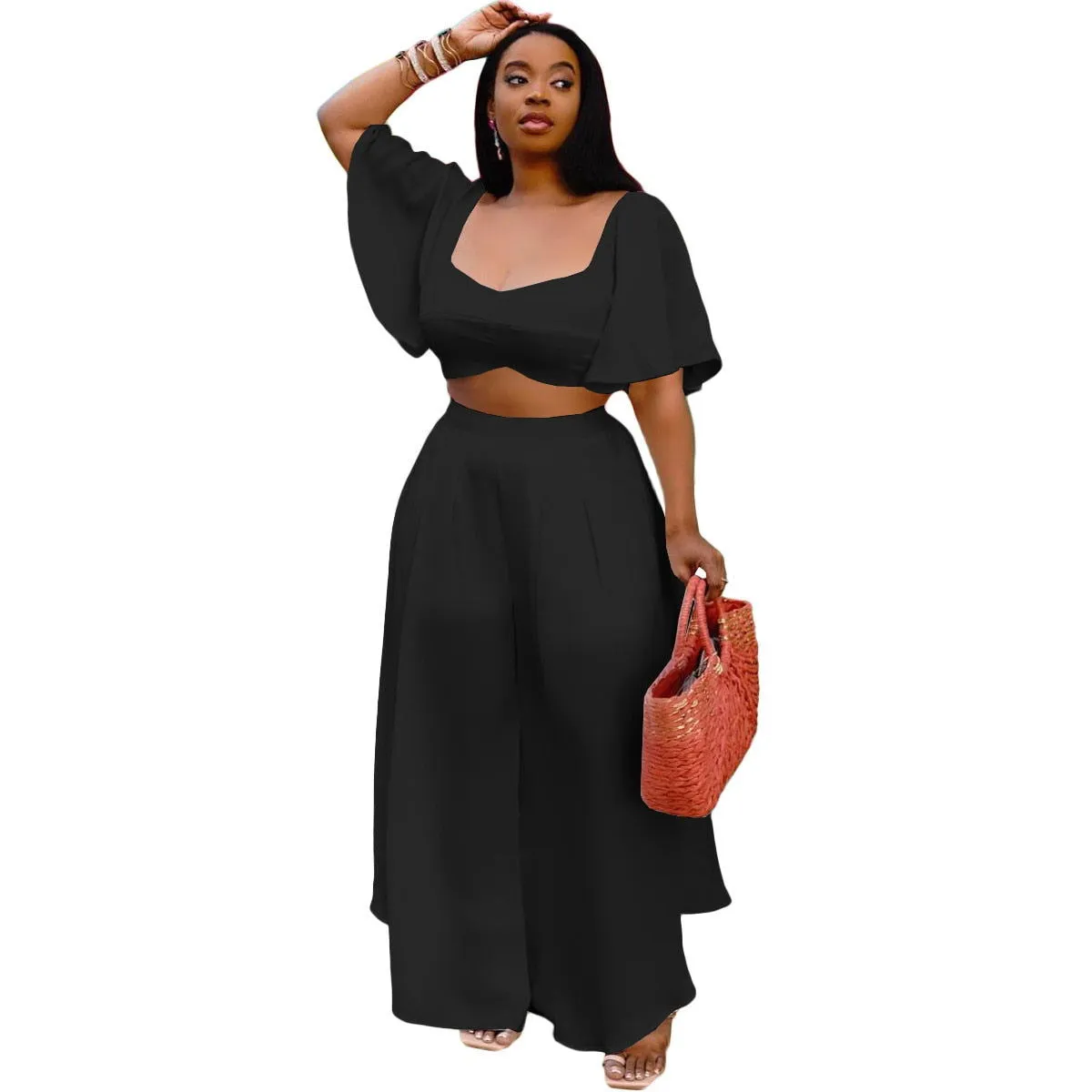 Ruffle Flare Sleeve Crop Top and Wide Leg Pants