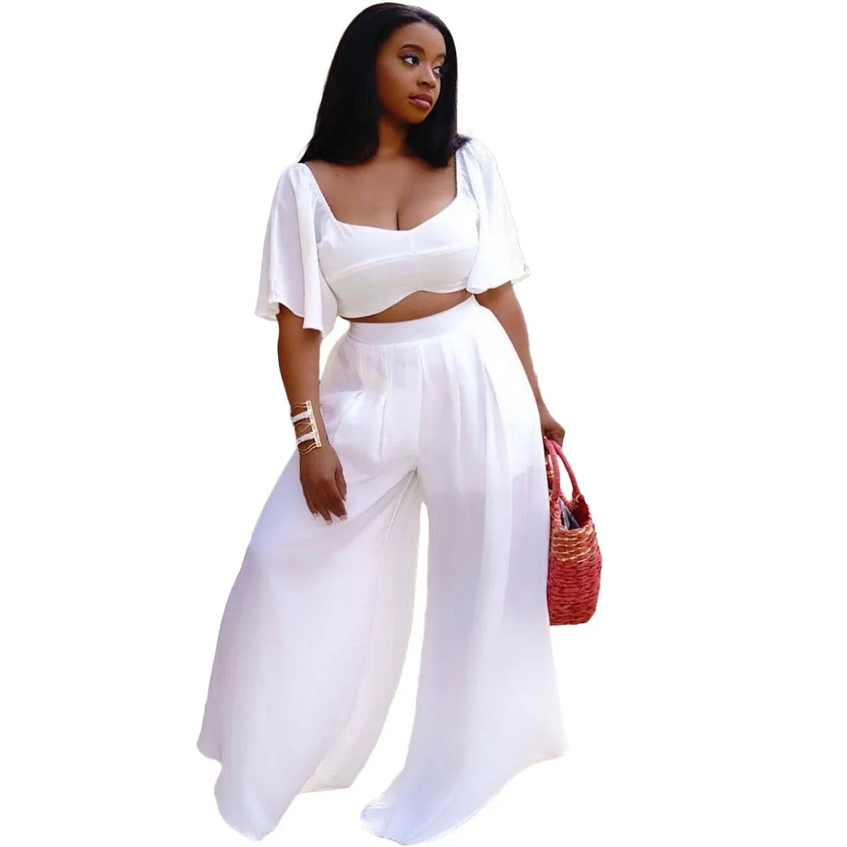 Ruffle Flare Sleeve Crop Top and Wide Leg Pants