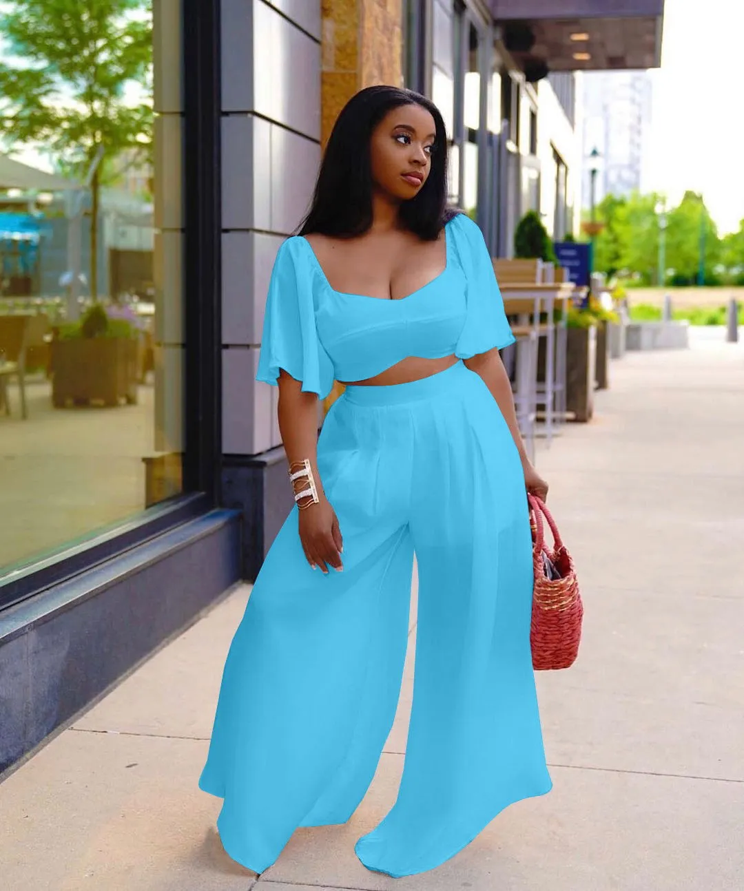 Ruffle Flare Sleeve Crop Top and Wide Leg Pants