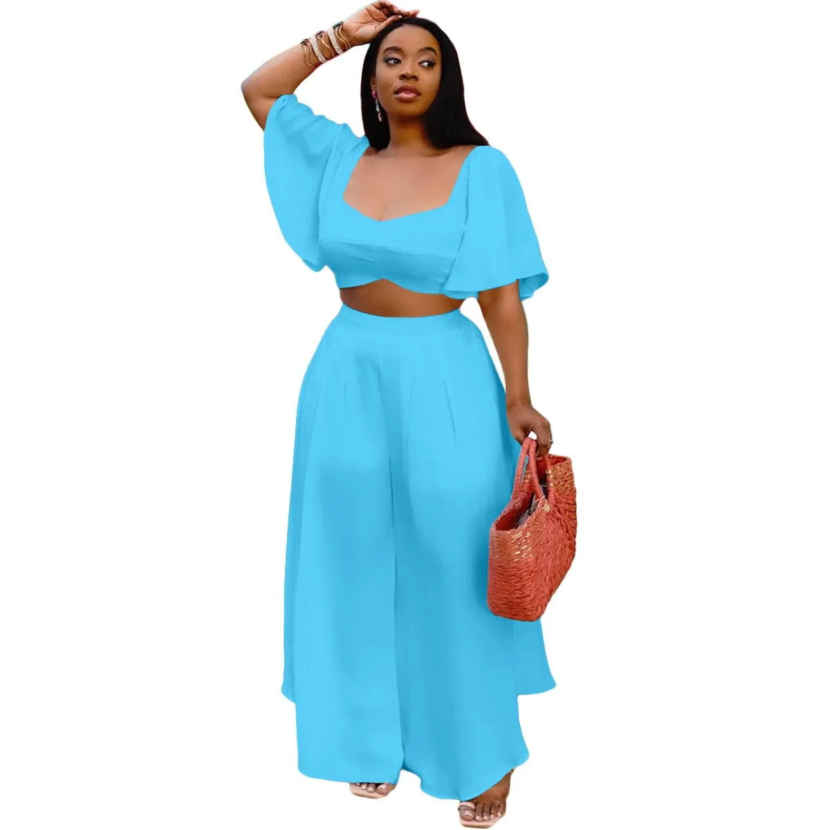 Ruffle Flare Sleeve Crop Top and Wide Leg Pants