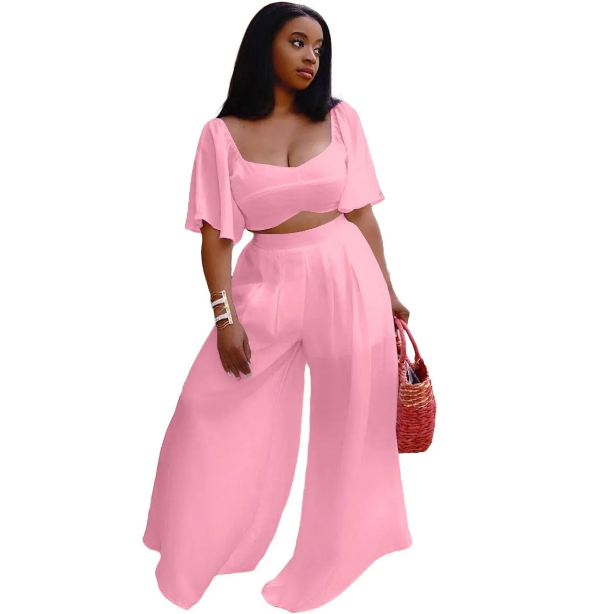 Ruffle Flare Sleeve Crop Top and Wide Leg Pants