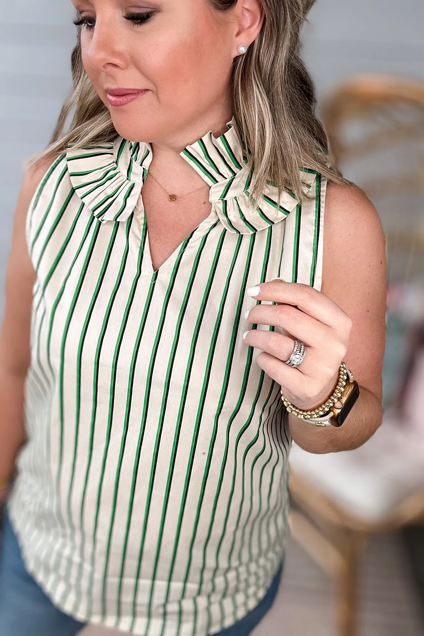 Ruffle Neck Stripe Tank - Green