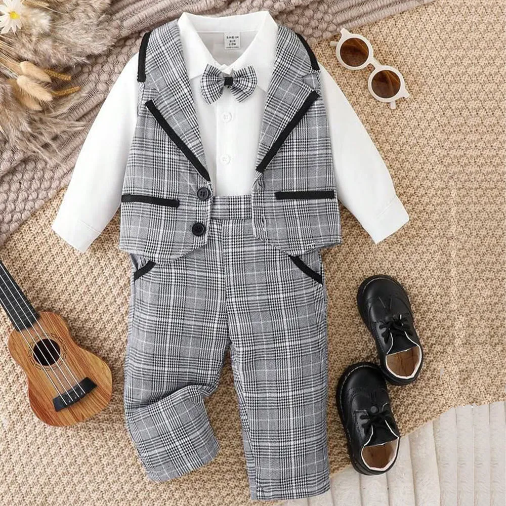 SHEN  kids Check Waist Coat white Shirt & Bow Style with Check Pant Suiting Set 14049