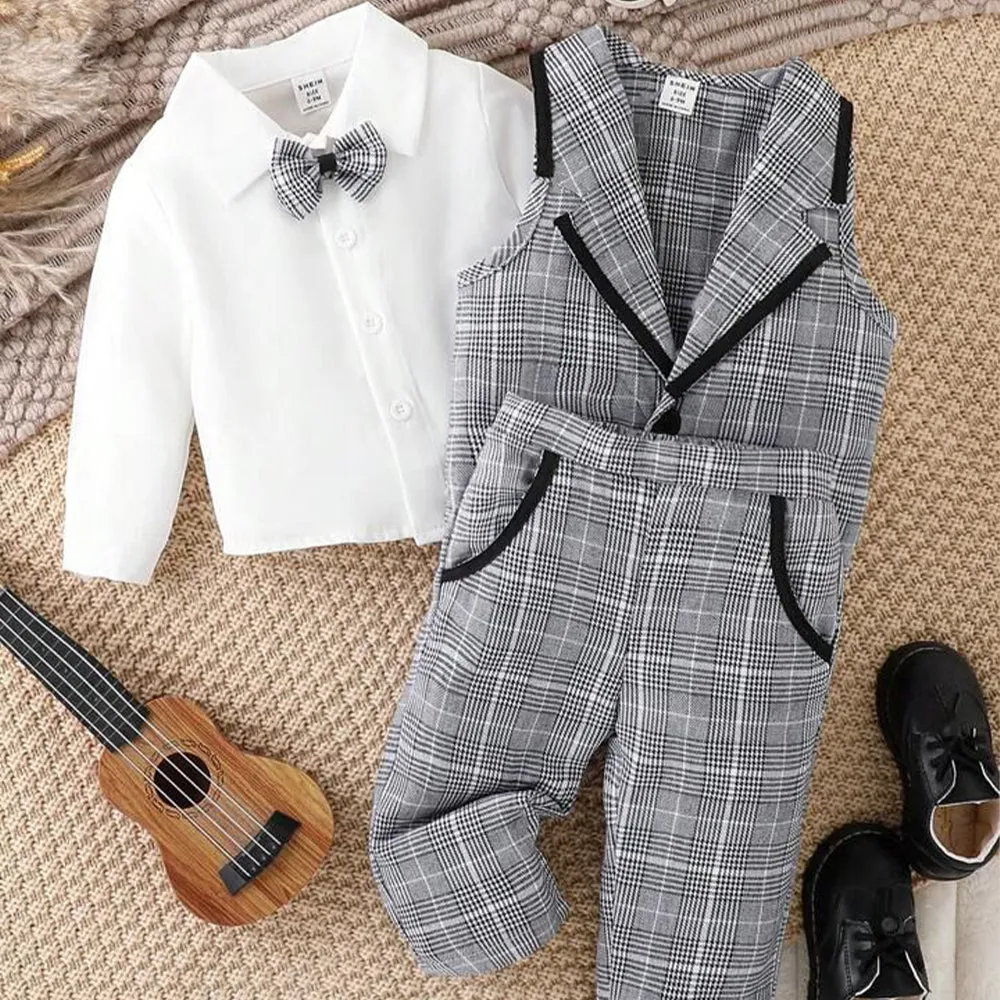 SHEN  kids Check Waist Coat white Shirt & Bow Style with Check Pant Suiting Set 14049