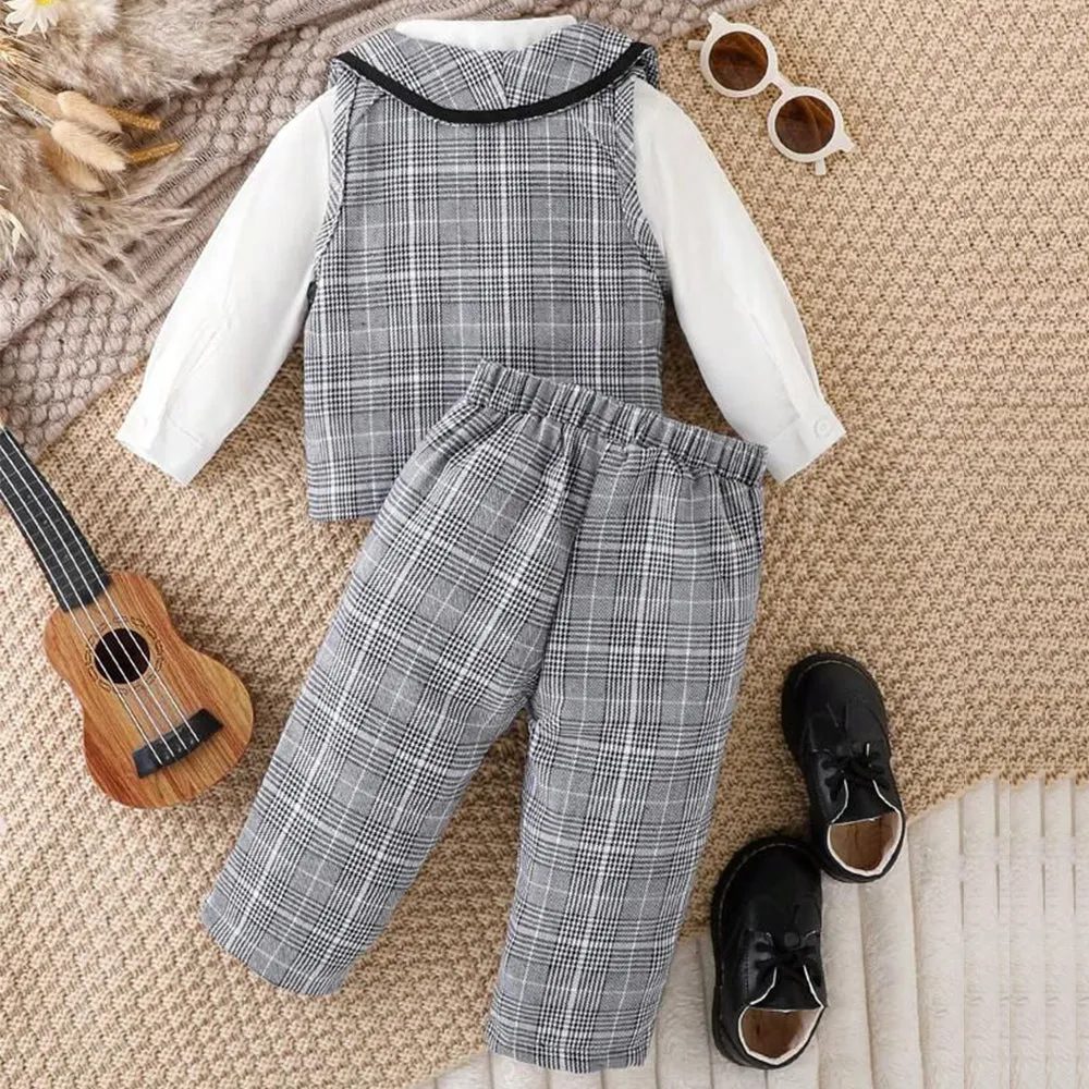 SHEN  kids Check Waist Coat white Shirt & Bow Style with Check Pant Suiting Set 14049