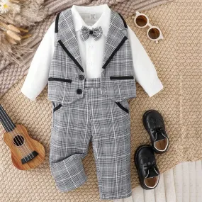 SHEN  kids Check Waist Coat white Shirt & Bow Style with Check Pant Suiting Set 14049