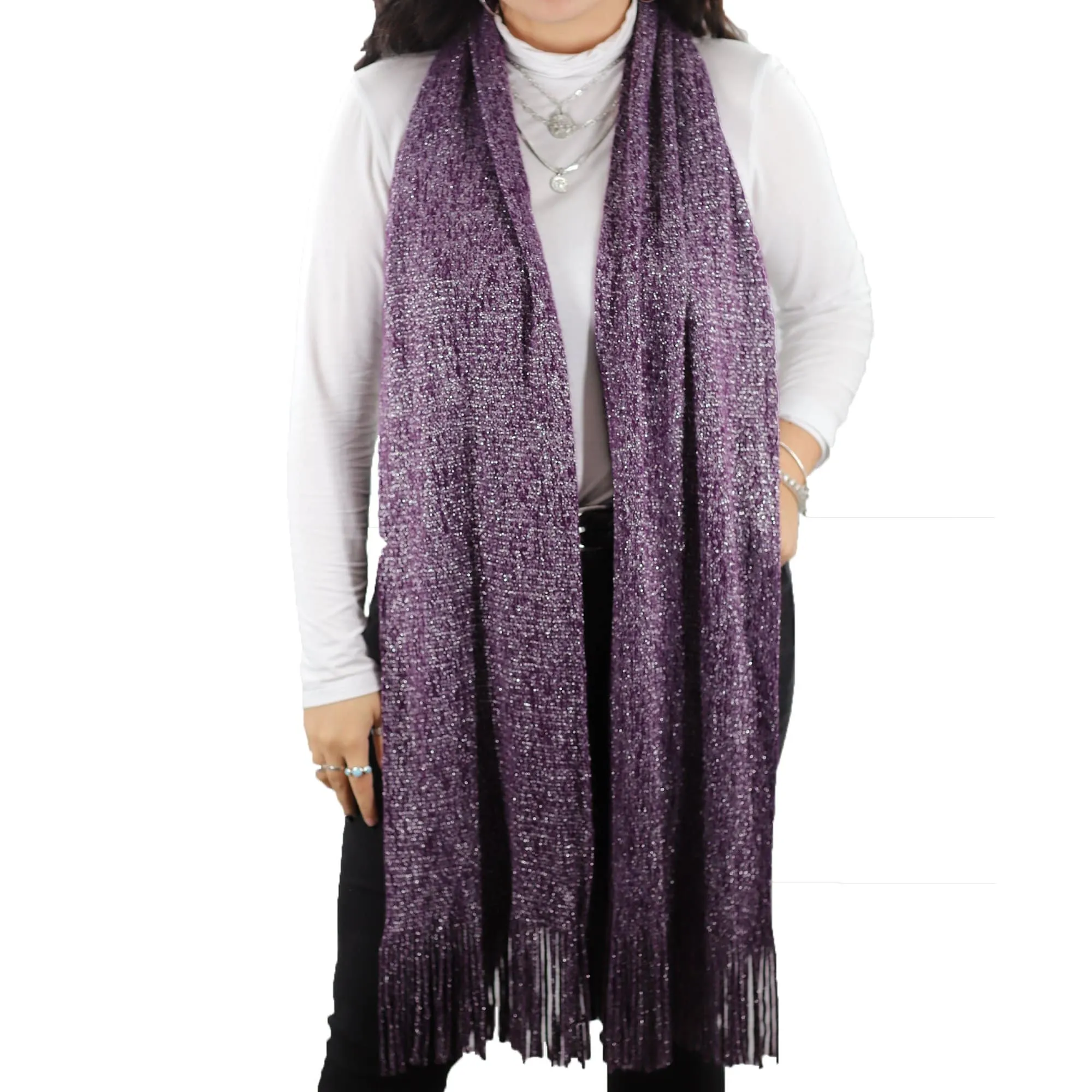 Solid Lurex Knit Scarf With Fringe-Purple