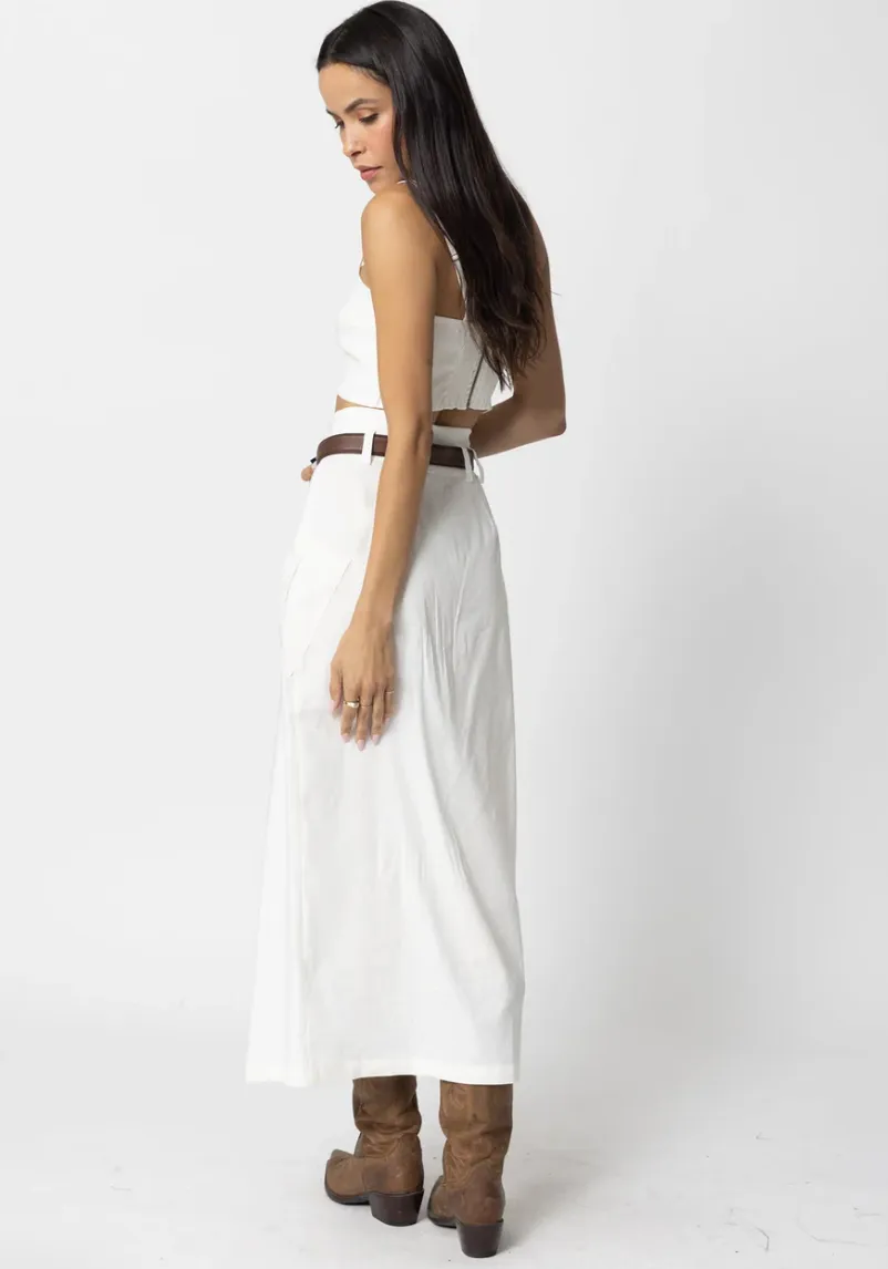 Stretch Linen Cargo Knotch Waist Maxi Skirt