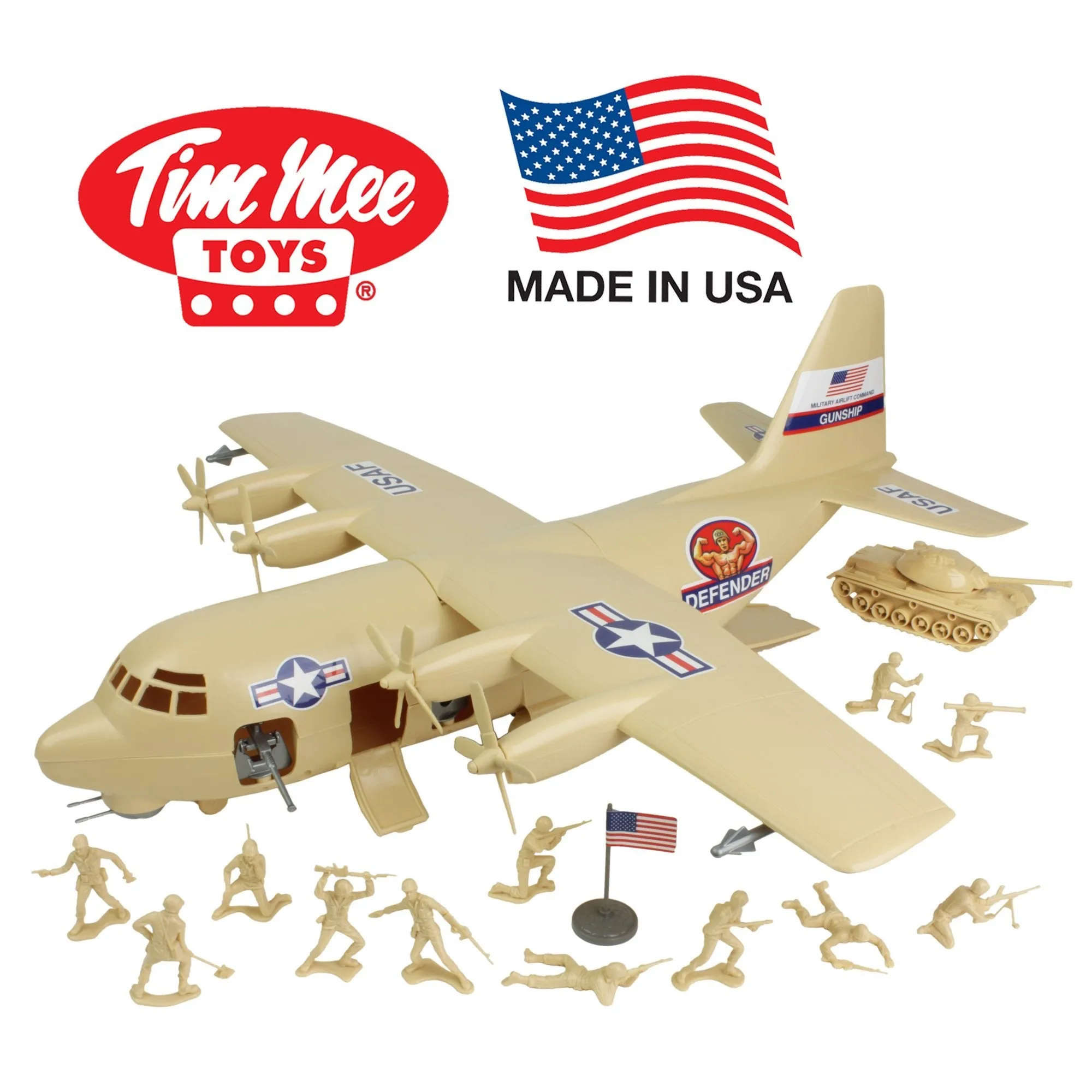 TimMee Plastic Army Men C130 Playset - Desert Tan 27pc Giant Military Airplane US Made