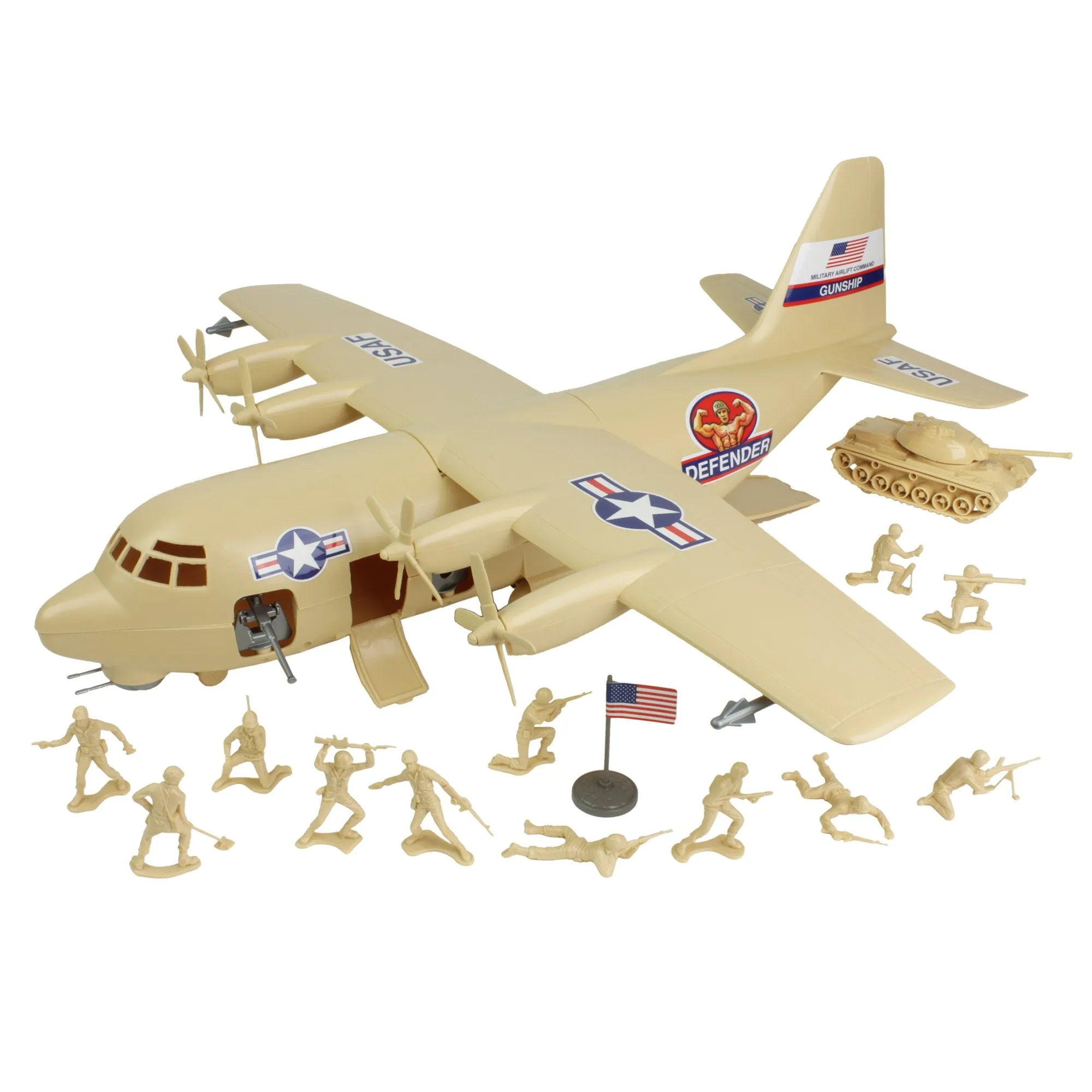 TimMee Plastic Army Men C130 Playset - Desert Tan 27pc Giant Military Airplane US Made