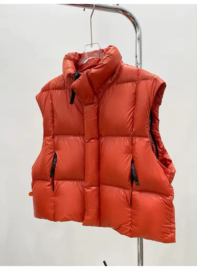 Versatile Women's Duck Down Jacket with Removable Sleeves and Hood