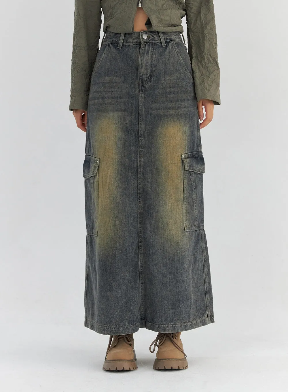 Vintage Wash Maxi Denim Skirt CS325