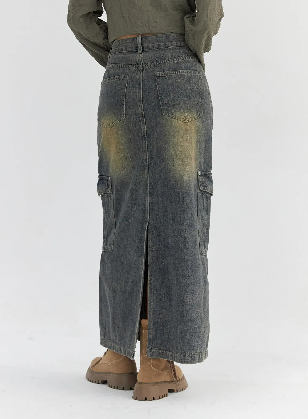 Vintage Wash Maxi Denim Skirt CS325