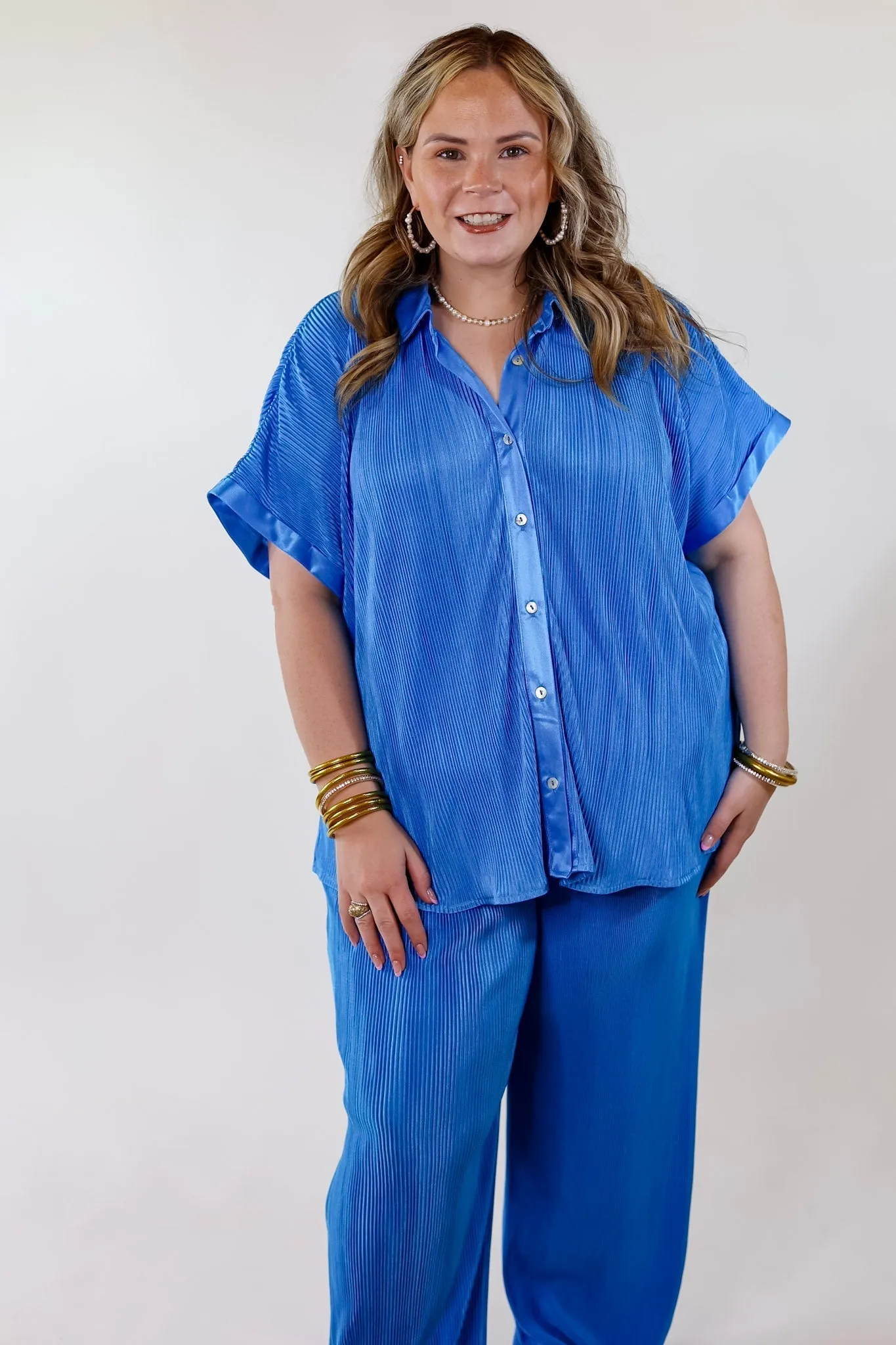 Walking In Paradise Plissé Button Up Top in Blue