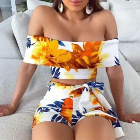 Wenkouban  Floral Two Piece Shorts Suit Women Sexy Top Summer Suit White Shorts Women Suit