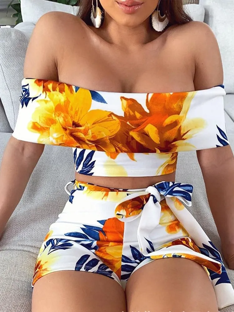 Wenkouban  Floral Two Piece Shorts Suit Women Sexy Top Summer Suit White Shorts Women Suit