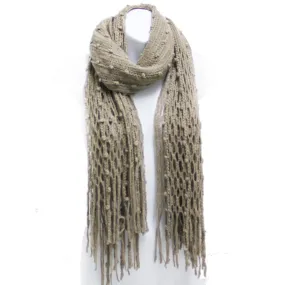 Winter Knit Fish Net Weave Oblong Scarf with Fringe in Khaki