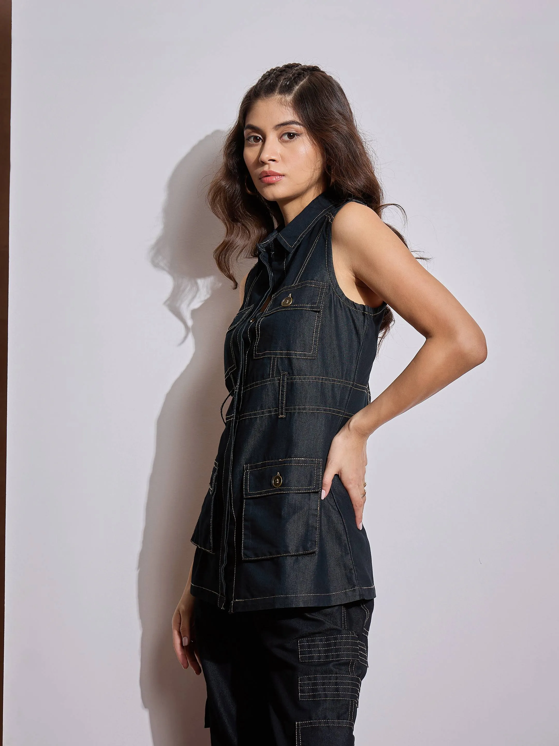 Women Black Multi Pocket Top With Cargo Pants