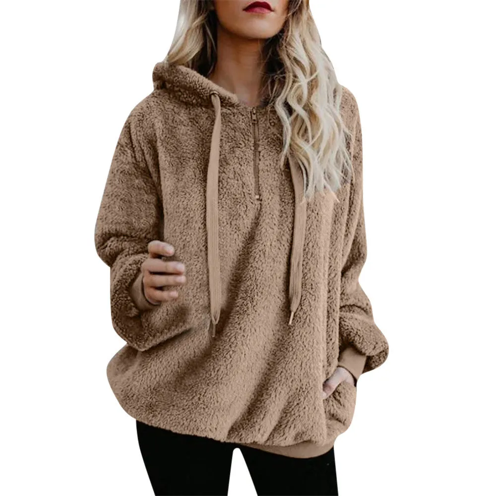 Women Hooded Winter Warm Wool Zipper Pockets Cotton Coat