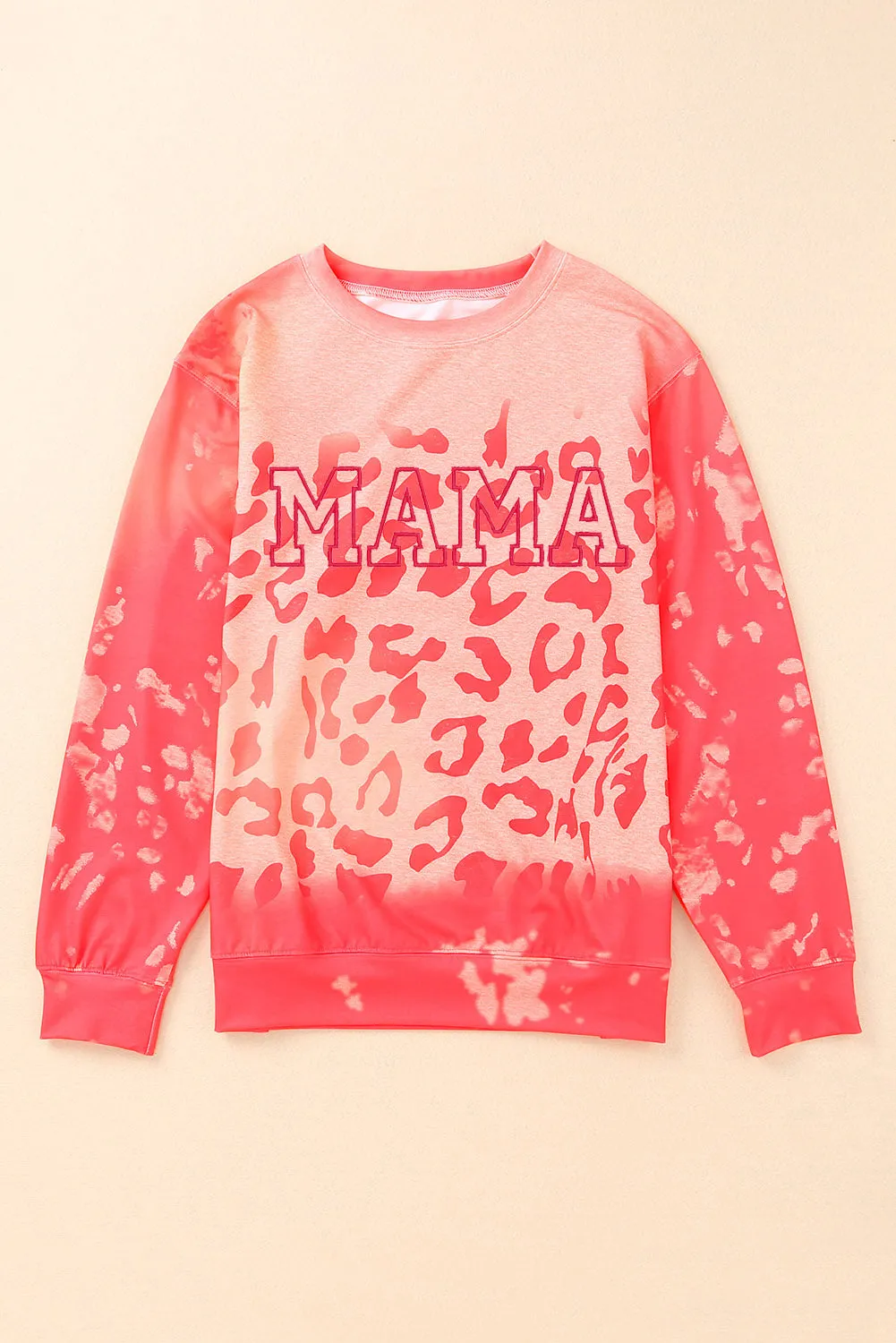 Women Pink MAMA Leopard Print Crew Neck Pullover Sweatshirt