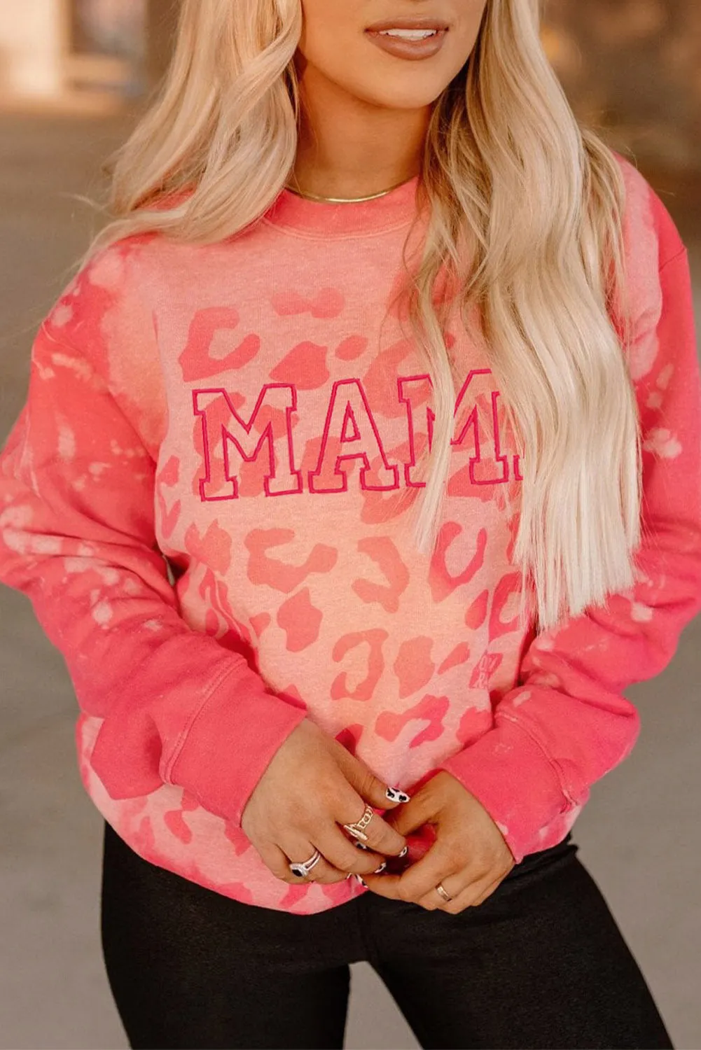 Women Pink MAMA Leopard Print Crew Neck Pullover Sweatshirt