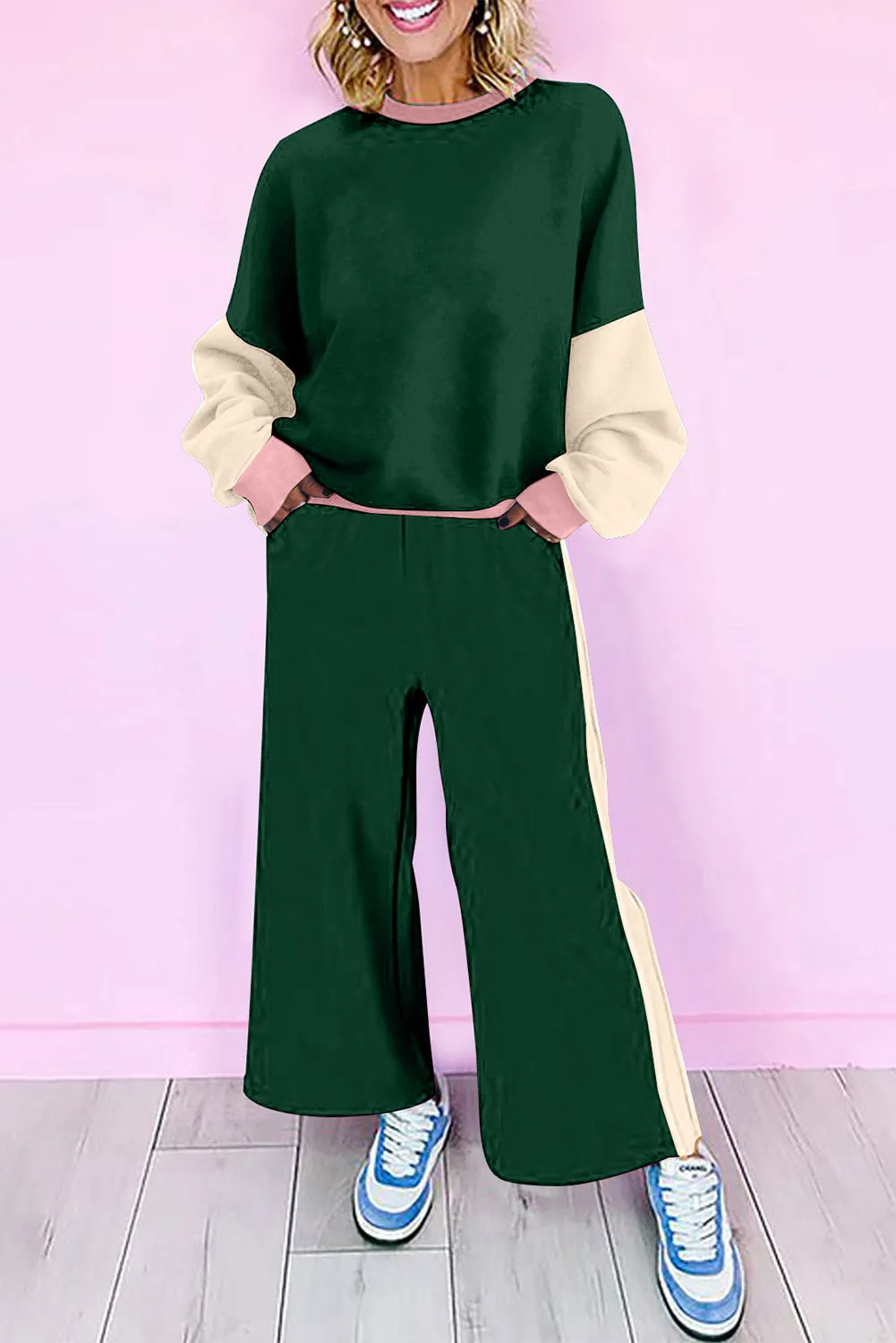 Women's 2 Piece Outfits Sweatsuit Casual Long Sleeve Pullover Tops Matching Wide Leg Pants Tracksuit Sweat