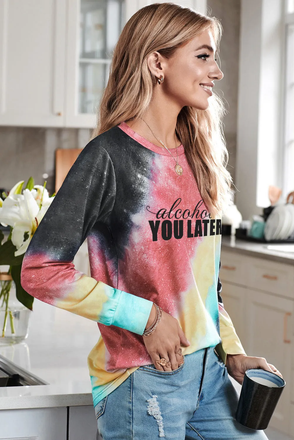 Womens Casual Ombre Pullover Tops Blue Tie Dye Sweatshirt