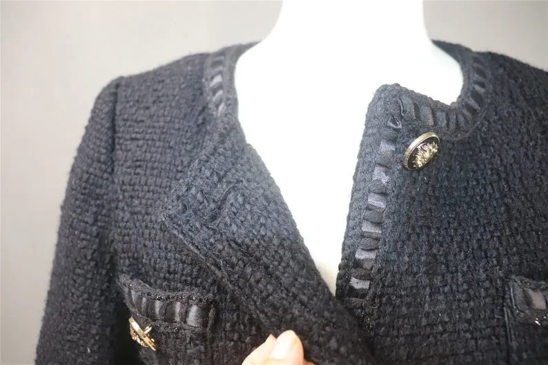 Women's Designer Inspired CUSTOM  Black Tweed Jacket Coat Blazer