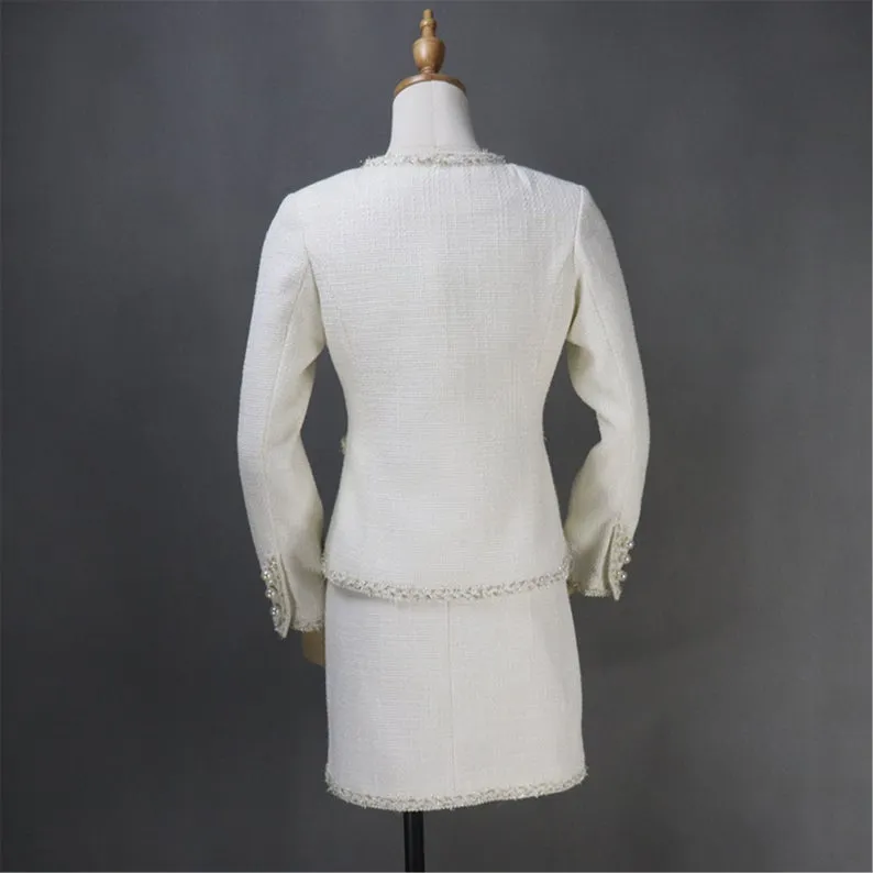 Women's Designer Inspired Custom Made Golden Sparkle Trim Tweed Skirt Suit White